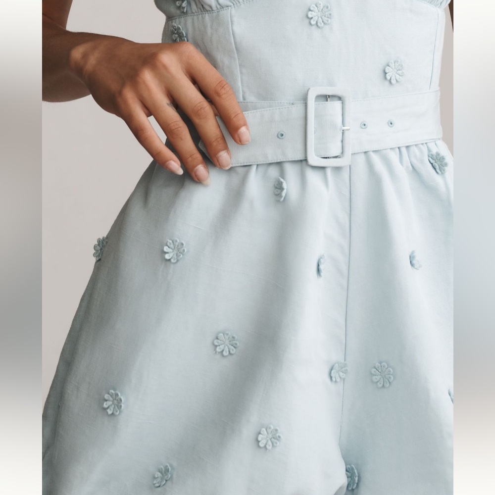 Maeve Linen Blend Halter 3D Floral Embellished
Belted Bubble Romper - Picture 4 of 4